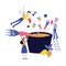 Small people cooking dish in huge pot or cauldron flat cartoon style