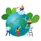 Small people prepare for the day of the Earth, save the planet, save the world, Earth day,ecology concept vector illustration