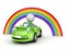 Small person in a car and rainbow.