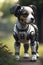 Small pet dog wearing a futuristic robotic costume