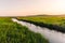 A small picturesque river among a green meadow during sunset. Small river in the countryside.