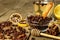 Small pile of dried sea-buckthorn berries on old wooden table. Treatment of influenza and cold. Hippophae rhamnoides