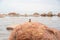 Small pile of stones built on big red granite stone on the coastline of Baltic sea