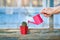 Small pink watering can in a female hand watering a cactus on an