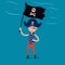 A small pirate in a hat with a black flag in his hands