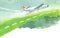 Small plane lands on an green ecological runway. Gouache illustration