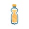 Small plastic bottle with fresh orange juice. Healthy drink. Container with sweet beverage. Flat vector icon with