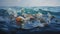 Small plastic garbage floats on the waves of the ocean.