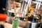 Small plates on conveyor belt at chinese restaurant