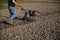 Small plowing machine in hands of a farmer making arable in black soil