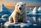 Small polar bear sits on an ice floe in the ocean. Generative AI