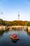 Small pond with boats in Zhongshan Park in Autumn, Qingdao, China