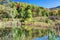 A small pond shows reflections of colorful trees.