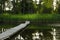 A small pond in the woods with a wooden bridge. Cozy resting place.