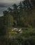 Small poor wooden hut near the forest with smoke from the chimney.