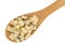 Small portion of crumbled blue cheese on a wood spoon on a white background top view