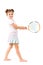 Small positive girl in stylish clothing standing and holding tennis racket in hand and smiling over white background