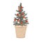 Small potted Christmas tree decorated with small fly agaric mushrooms, candies, and balls. Vector illustration isolated