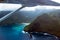 Small prop airplane flies over Maui`s tall sea cliffs