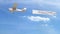 Small propeller airplane towing banner with DISCOVER caption in the sky. 3D rendering