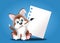 Small puppy with blank sheet paper