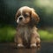 A small puppy is sitting in the rain. . AI generated.