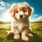 Small Puppy Sitting on Sunny Grassy Field