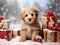 A small puppy is waiting for his owner in the snow next to Christmas presents.