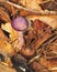 Small Purple Mushroom With Acorn and Leaves
