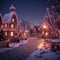 A small, quaint village in the evening, illuminated by colorful Christmas lights