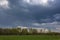 A small rainbow against a dark sky over a birch forest