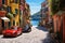 Small red car on the street Portofino. Mini mobility