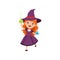 Small red-haired girl witch standing with glass flasks full of potions in his hands. Child character in purple dress and