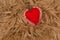 Small red heart held between the small feet of a child coming out of a furry brown layer