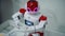 Small red and white robot dancing and blinking. Robotic toy