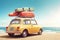 a small retro car packed with luggage and beach equipment on the roof, perfect for a summer road trip. The blue background and