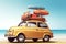 a small retro car packed with luggage and beach equipment on the roof, perfect for a summer road trip. The blue background and