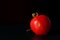 A small ripe tomato with worm infestation and wormholes lies in front of a dark background on a dark surface