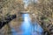 Small river or creek in the woods in summer. Beautiful countryside landscape with reed, reflection on water mirror, pier, ducks in