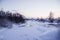 A small river in winter . Winter landscape. Water in rivers. Winter trees. Snow
