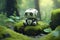 a small robot sitting on top of a moss covered ground