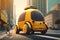 Small robot taxi rides along big city street. Artificial intelligence controls the car. Generative AI