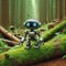 A small robot walking through the forest.