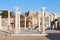 Small Roman square with stone columns row in ephesus Archaeological site in turkey