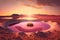 small round pink desert lake in rays of setting sun