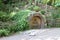 A small rounded old looking wooden door