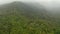 Small rural home hidden in a dense rainforest at the foot of a fog covered mountain. Aerial view of isolated house in