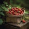 A small, rustic berry basket filled with freshly picked strawberries.