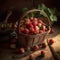 A small, rustic berry basket filled with freshly picked strawberries.