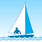 Small sailing boat. Sloop. Ship coming through waves under sail. Man on board. Vector illustrations